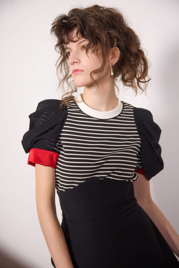 Striped Knit Blouse With Mesh Puff Sleeves - Image 2