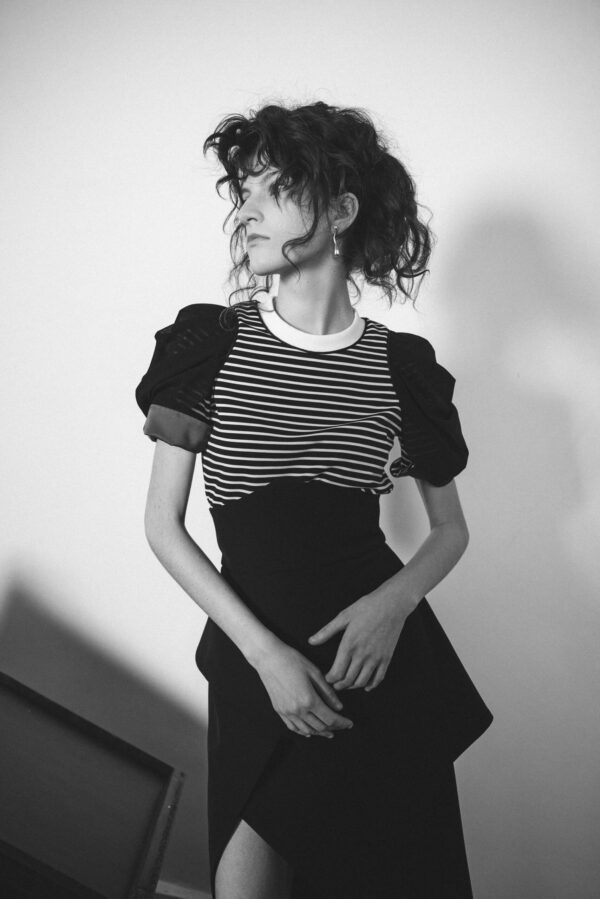 Striped Knit Blouse With Mesh Puff Sleeves - Image 3