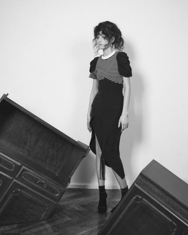 Striped Knit Blouse With Mesh Puff Sleeves - Image 4