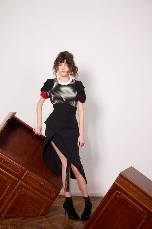 Striped Knit Blouse With Mesh Puff Sleeves - Image 5