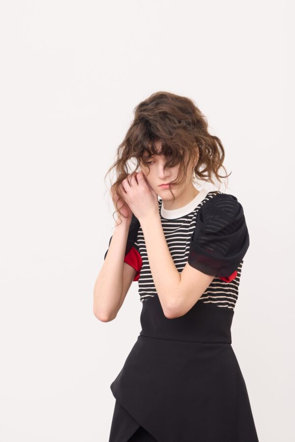 Striped Knit Blouse With Mesh Puff Sleeves - Image 7