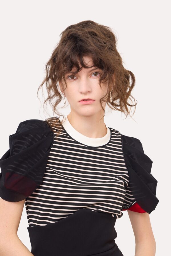 Striped Knit Blouse With Mesh Puff Sleeves - Image 8