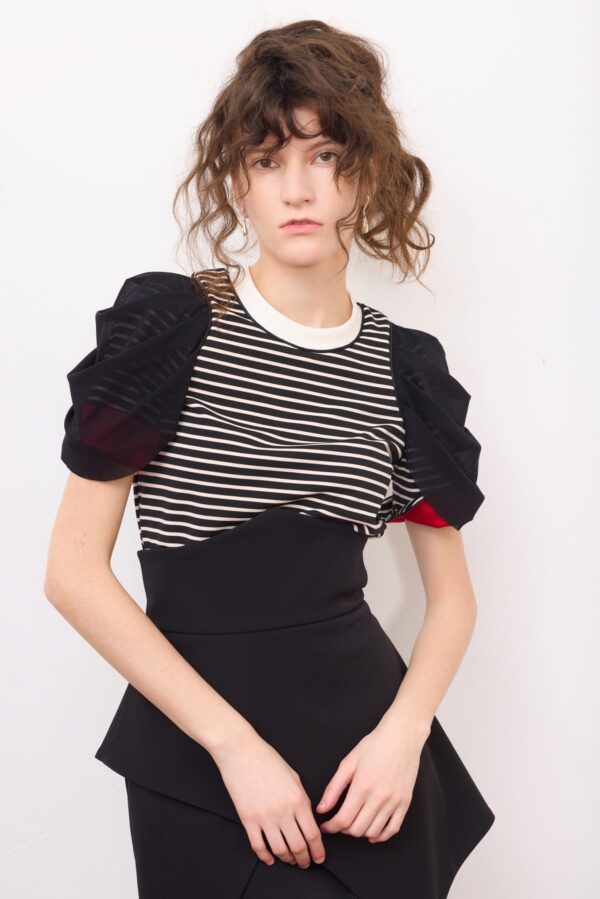 Striped Knit Blouse With Mesh Puff Sleeves - Image 15