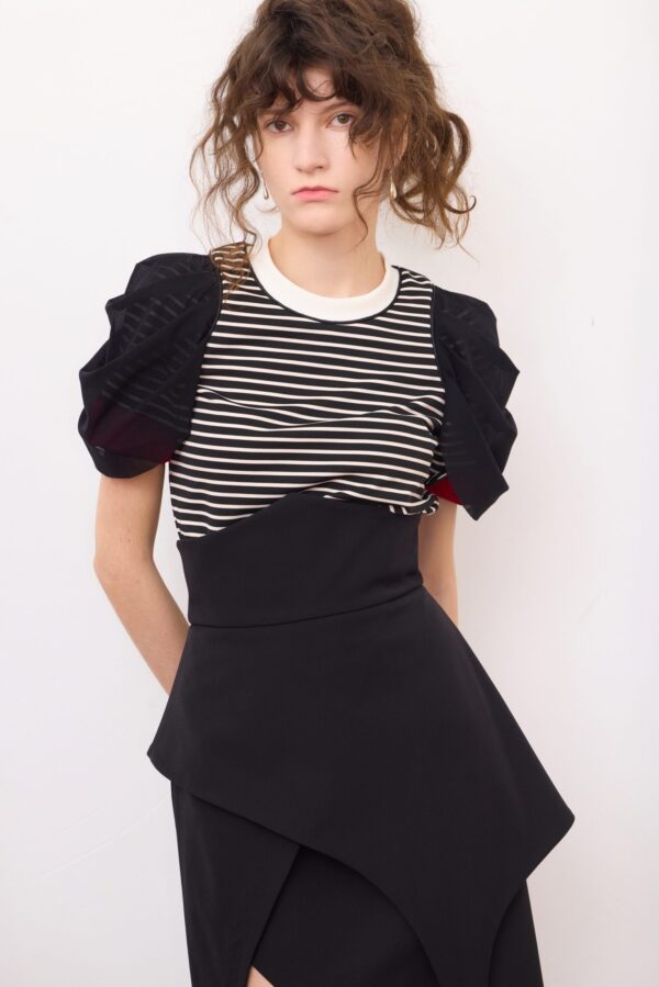 Striped Knit Blouse With Mesh Puff Sleeves - Image 14