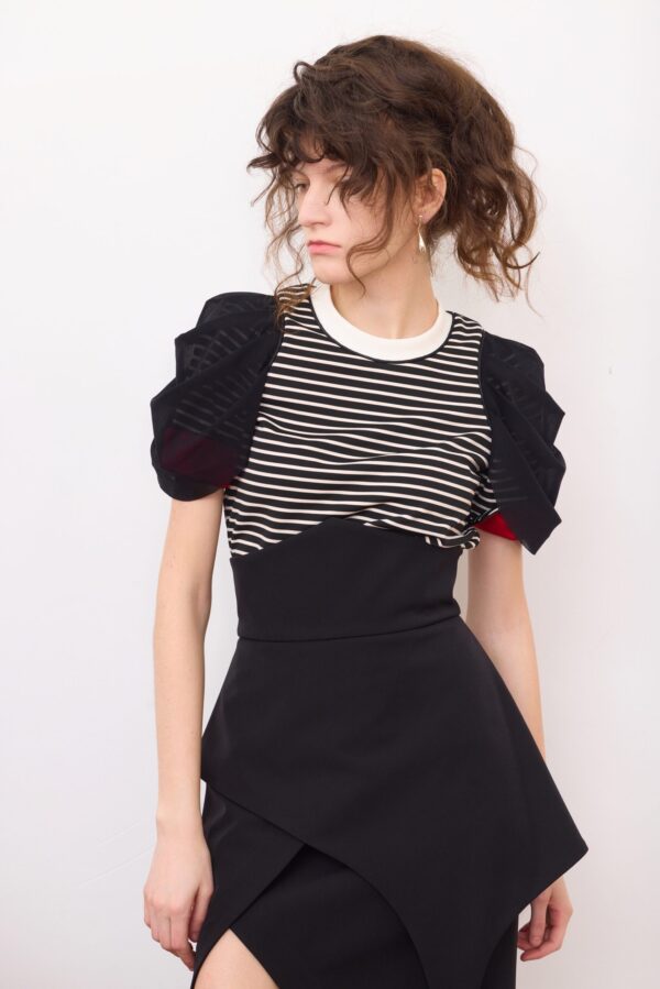 Striped Knit Blouse With Mesh Puff Sleeves - Image 13