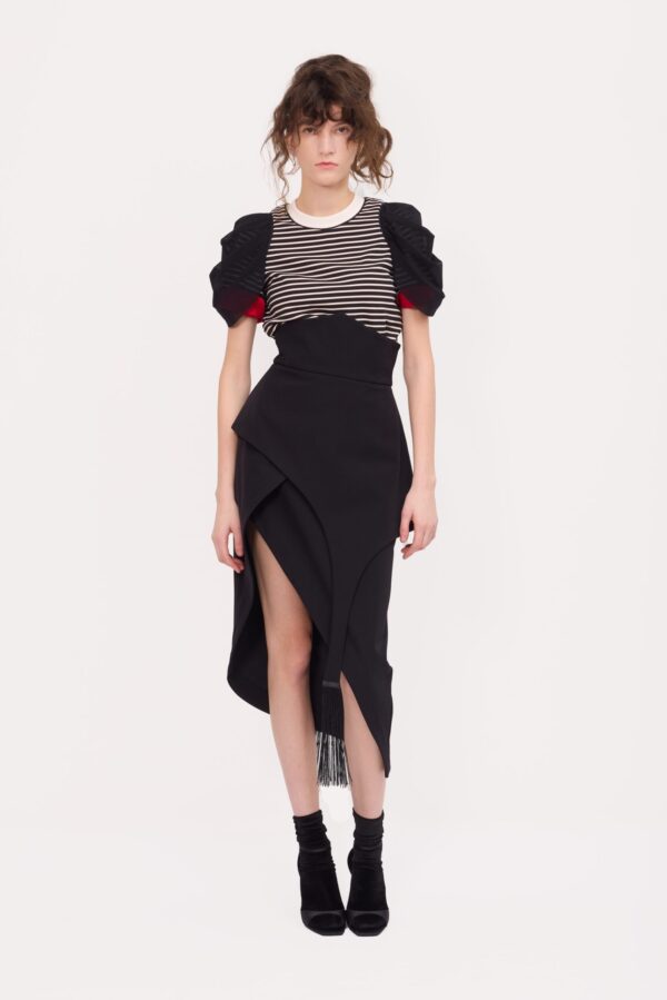 Striped Knit Blouse With Mesh Puff Sleeves - Image 12