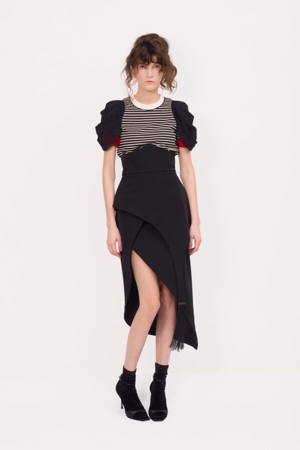 Striped Knit Blouse With Mesh Puff Sleeves - Image 11