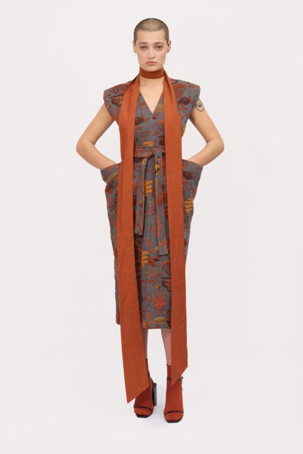 Fashion Midi Dress With Belt And Bold Shoulders Jacquard Grey - Image 2