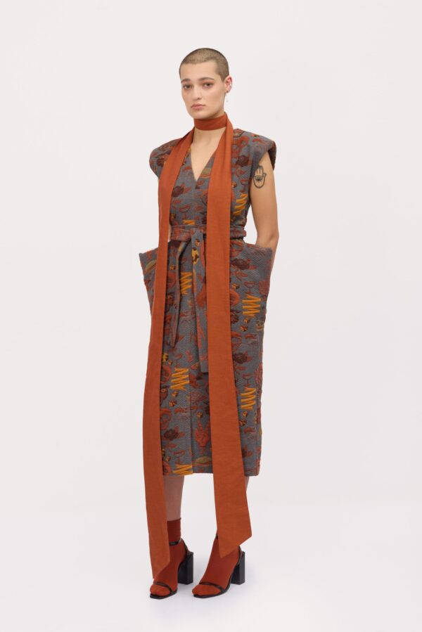 Fashion Midi Dress With Belt And Bold Shoulders Jacquard Grey - Image 11