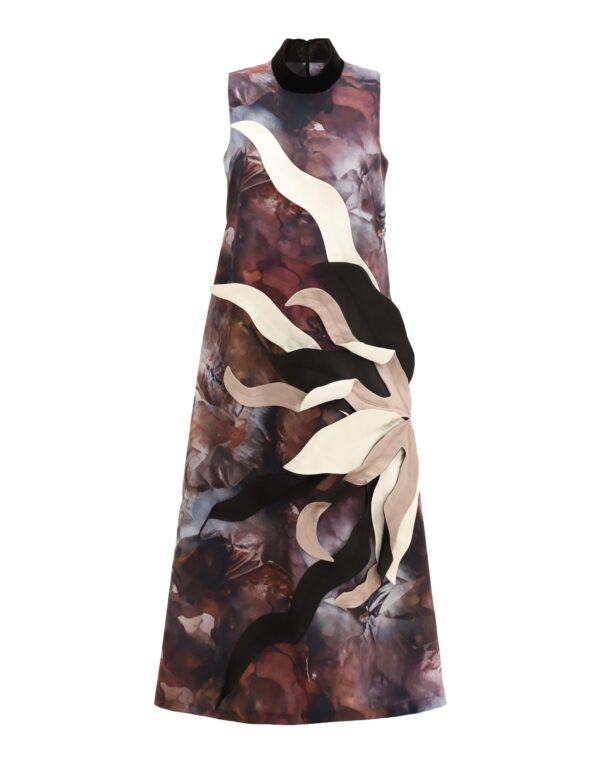 High Neck Sleeveless Dress Abstract Print Brown