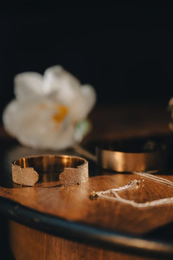 Gold-plated wide hard bracelet “Michel Lermantoff” with the engraving and texture - Image 2