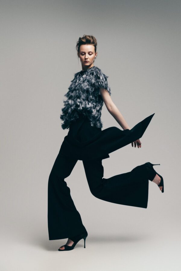 Asymmetric Overlay Flared Trousers Black - Image 12