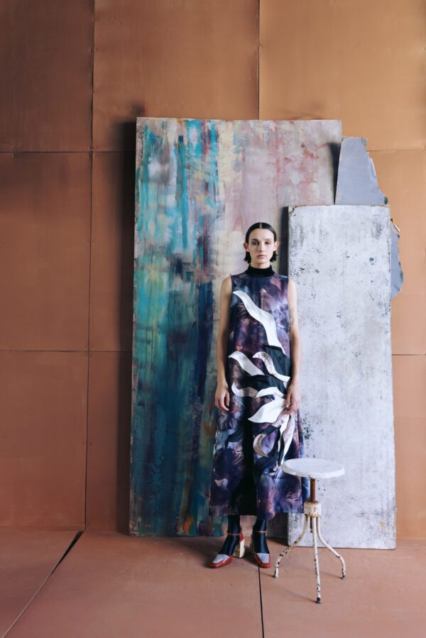 High Neck Sleeveless Dress Abstract Print Brown - Image 2