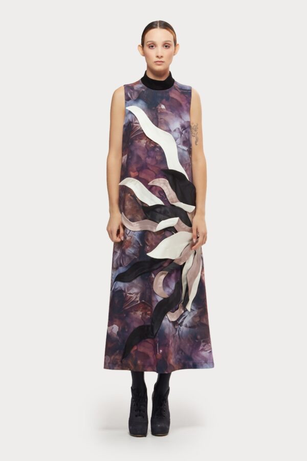 High Neck Sleeveless Dress Abstract Print Brown - Image 7