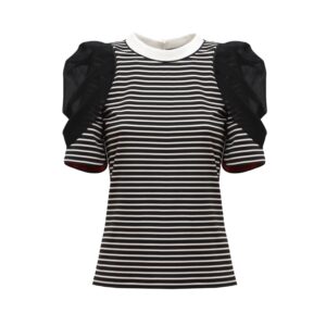 Striped Knit Blouse With Mesh Puff Sleeves